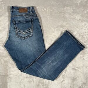 BKE Nolan Jeans Men 32Lx30 Blue Denim Distressed Straight Leg Cowboy Comfort EUC